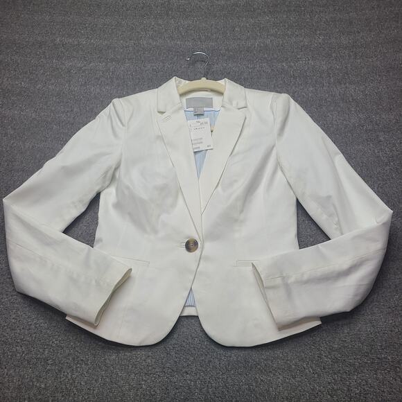 H&M Blazer Womens 4 White Tailored One Button Cotton Stretch Jacket Office - Picture 1 of 7